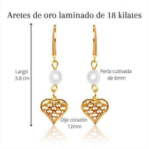 Aretes Corazón Ideas Cristal Oro Laminado 18K con Perla