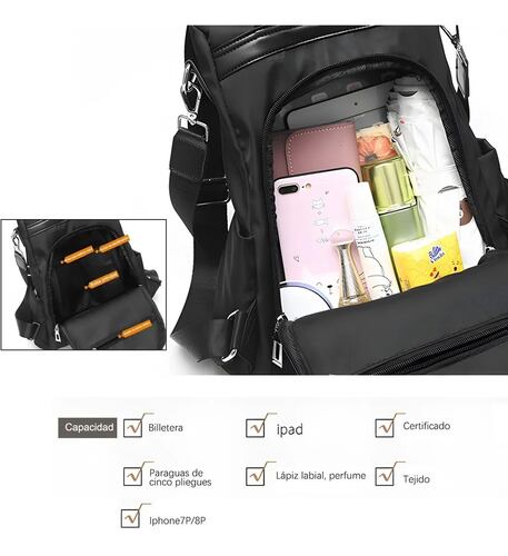 Mochila Impermeable Antirrobo Para Mujer Negra