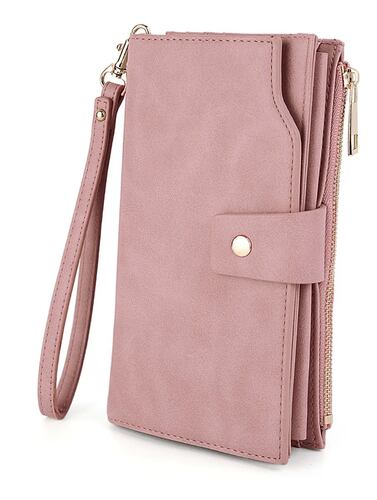 Cartera Cuero Sintético 21 Ranuras Con Muñequera Rosa