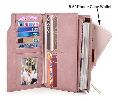 Cartera Cuero Sintético 21 Ranuras Con Muñequera Rosa
