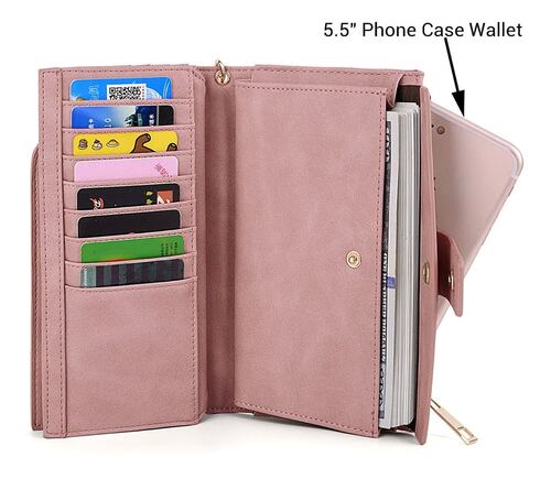 Cartera Cuero Sintético 21 Ranuras Con Muñequera Rosa