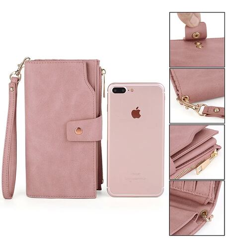 Cartera Cuero Sintético 21 Ranuras Con Muñequera Rosa