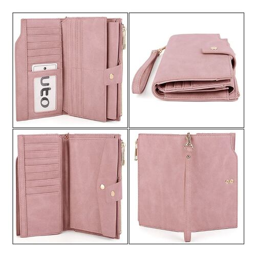 Cartera Cuero Sintético 21 Ranuras Con Muñequera Rosa