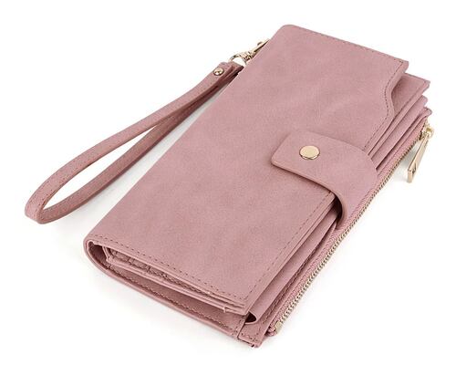 Cartera Cuero Sintético 21 Ranuras Con Muñequera Rosa