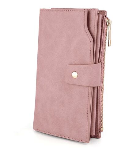 Cartera Cuero Sintético 21 Ranuras Con Muñequera Rosa