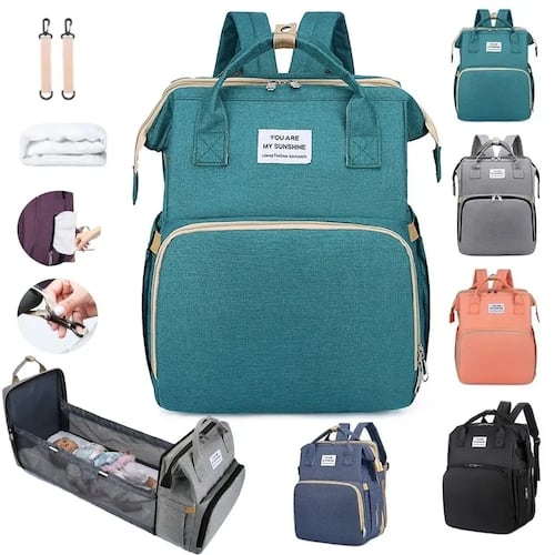 Mochila Pañalera Cuna Impermeable Para Bebe Verde