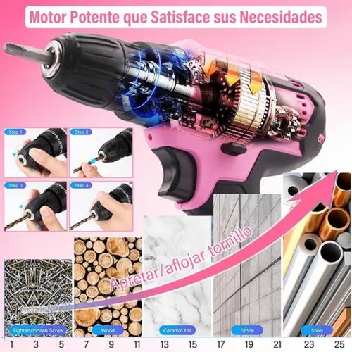 Taladro Electrico Inalambrico,kit Taladro Eléctrico Rosa 3e1.