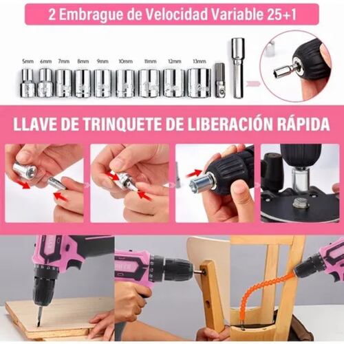 Taladro Electrico Inalambrico,kit Taladro Eléctrico Rosa 3e1.