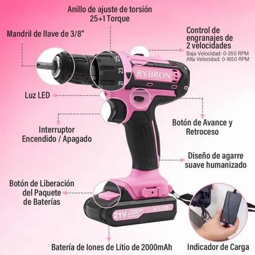 Taladro Electrico Inalambrico,kit Taladro Eléctrico Rosa 3e1.