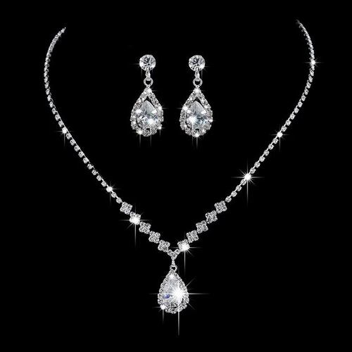 Set de  Joyería colla y  aretes  de Cristal Plateados