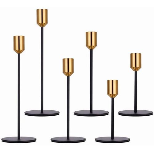 6 Pcs  de  Candeleros Metalicos Portavelas Negro con dorado
