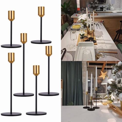 6 Pcs  de  Candeleros Metalicos Portavelas Negro con dorado