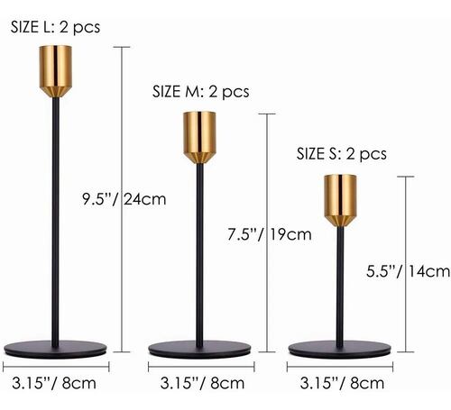 6 Pcs  de  Candeleros Metalicos Portavelas Negro con dorado