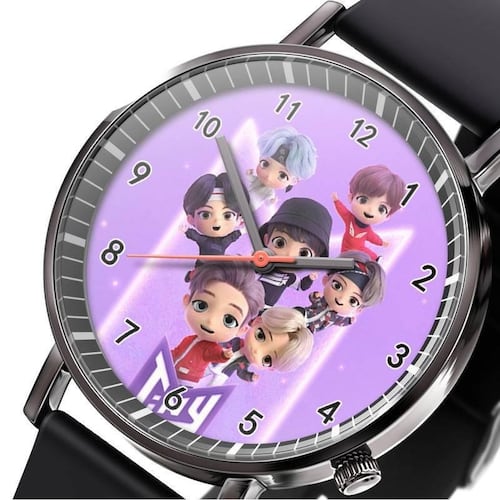 Reloj Analógico De Cuarzo BTS Modelo Chibi Color Negro