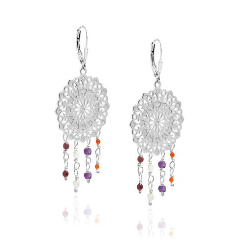 Aretes largos Gerbera de plata con piedras naturales