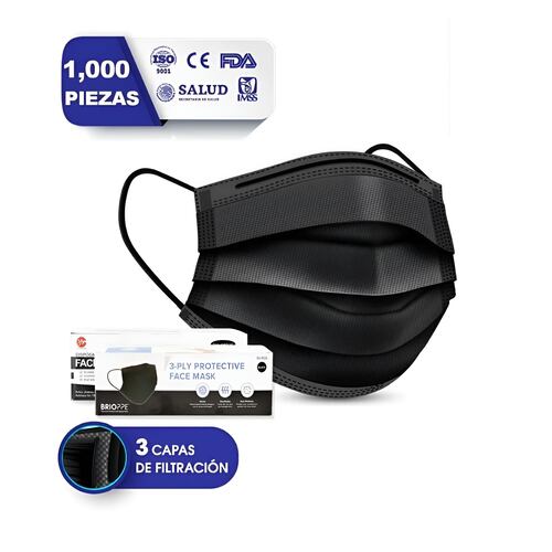 Tapabocas 1000 Pzs Cubrebocas Plisado Tricapa Termosellado Negro