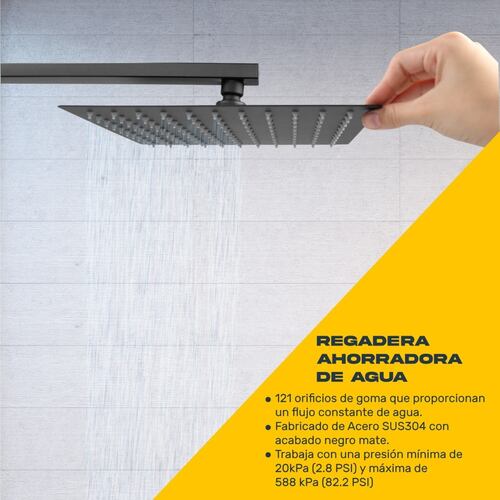 Regadera Cuadrada Negra Lluvia Monomando Acero Inoxidable 25cm