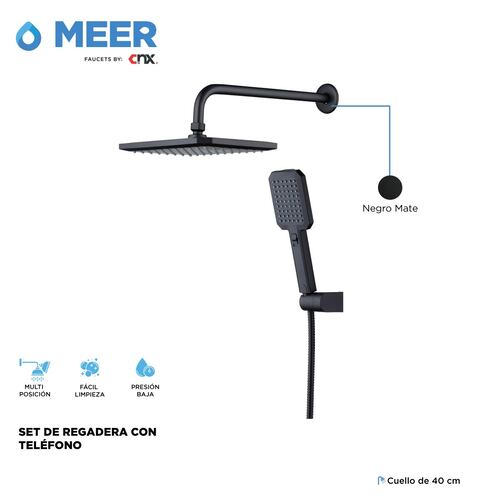 CNX Regadera Cuadrada 8" en Negro Mate, incluye regadera de mano tipo teléfono, Fácil de Instalar