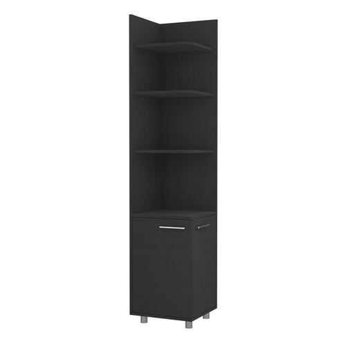 Rack esquinero armable para baño con entrepaños y puertas color chocolate.