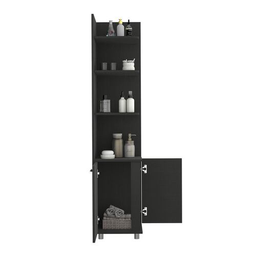Rack esquinero armable para baño con entrepaños y puertas color chocolate.