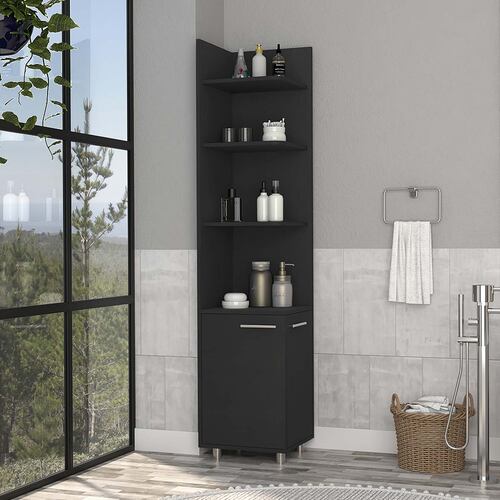 Rack esquinero armable para baño con entrepaños y puertas color chocolate.
