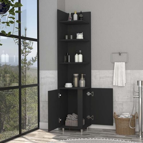 Rack esquinero armable para baño con entrepaños y puertas color chocolate.