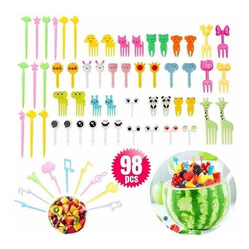 98 Tenedores Palillos Animales Lunch Niños Fruta Decoración