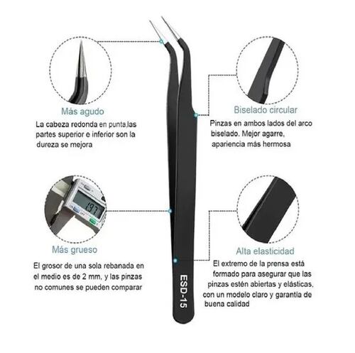 Kit Pinzas Antiestáticas Precisión Negro
