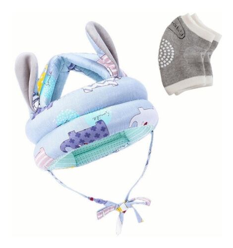 Casco Para Bebes Antigolpes Seguridad Bebes + Rodilleras Azul Elephant