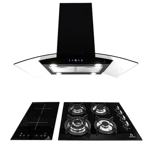 COMBO campana de pared, parrilla de inducción y gas SUPRA HAUNOLD de cristal templado color negro