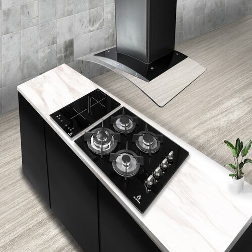 COMBO campana de pared, parrilla de inducción y gas SUPRA HAUNOLD de cristal templado color negro
