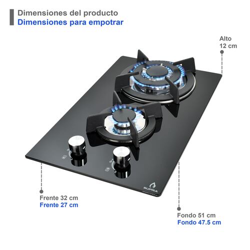 COMBO campana de pared, parrilla de inducción y gas SUPRA LUSSARI de cristal templado color negro