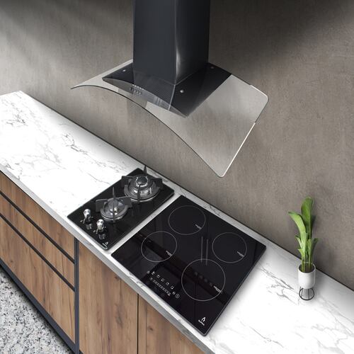 COMBO campana de pared, parrilla de inducción y gas SUPRA LUSSARI de cristal templado color negro