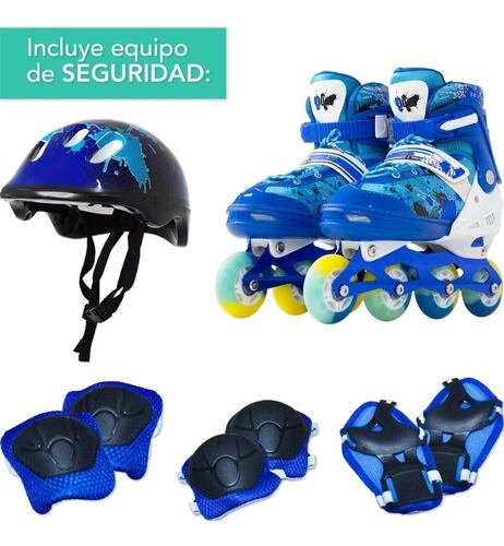 Patines En Linea Niños Azul + Equipo Proteccion Seguridad