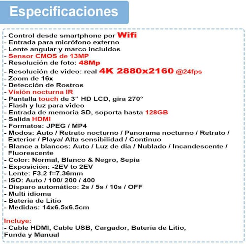 VIDEOCAMARA 4K VAK 534 WIFI 48MP VISION NOCTURNA ZAPATA HDMI TOUCH .