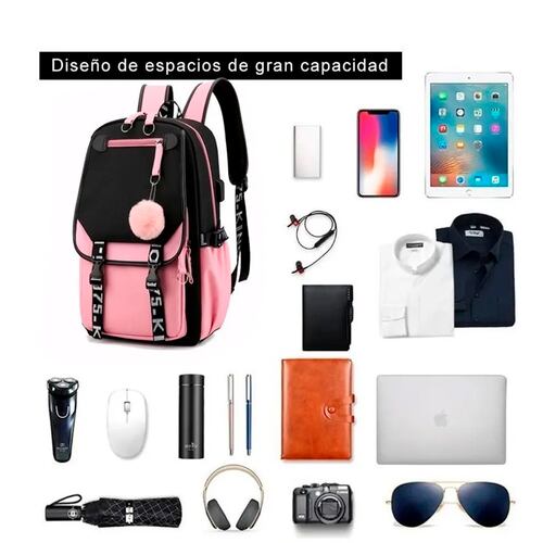 Mochila Kawaii Estilo Coreano Juvenil Con Puerto Usb Color Rosa