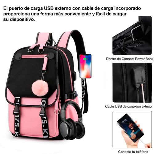 Mochila Kawaii Estilo Coreano Juvenil Con Puerto Usb Color Rosa