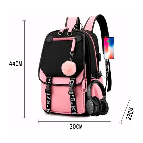 Mochila Kawaii Estilo Coreano Juvenil Con Puerto Usb Color Rosa