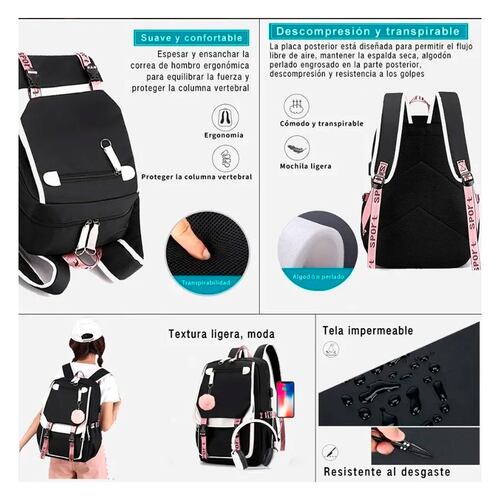 Mochila Kawaii Estilo Coreano Juvenil Con Puerto Usb Color Rosa