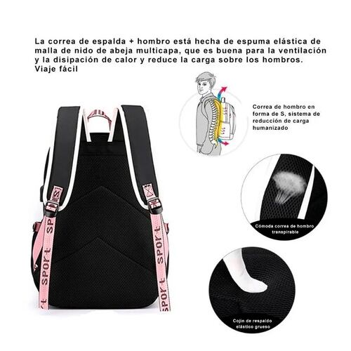 Mochila Kawaii Estilo Coreano Juvenil Con Puerto Usb Color Rosa