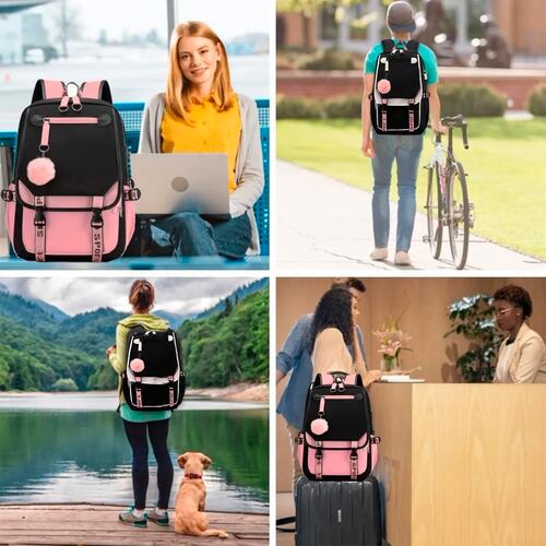 Mochila Kawaii Estilo Coreano Juvenil Con Puerto Usb Color Rosa