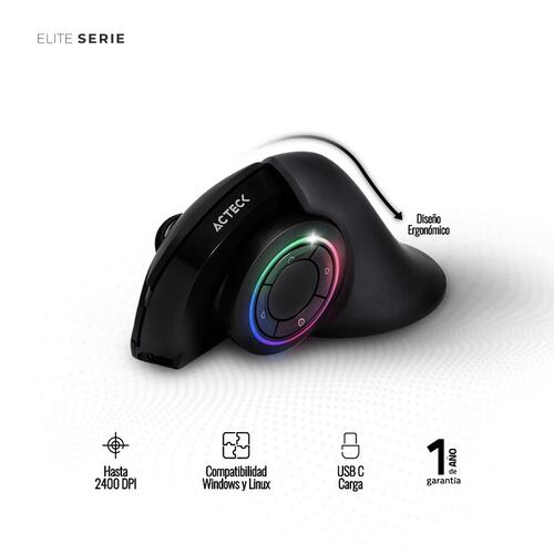 Mouse Vertical Acteck OPTIMIZE MI690 Inalambrico Optico Recargable USB RGB AC-933049.
