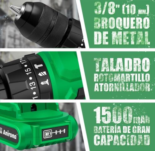 Taladro Rotomartillo Sin Carbones Inalámbrico 20v 2baterías Verde