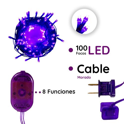Serie Decorativa Luz Led Morada 100 Focos 8 Funciones Cable Morado 7 m