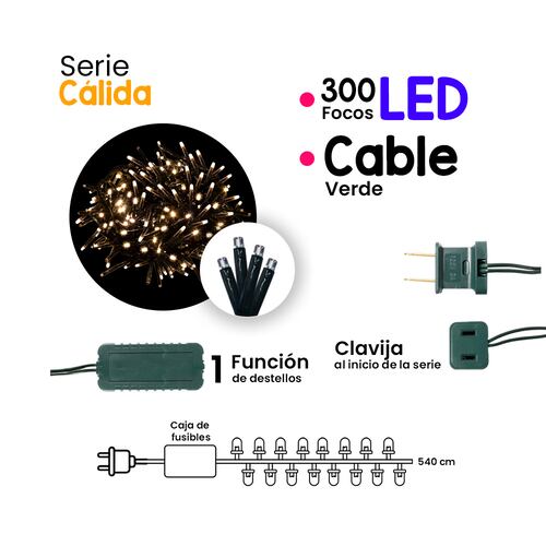 Serie Decorativa Destellos Luz Led Cálida Ámbar 300 Focos Tipo V3 Cable 9 m
