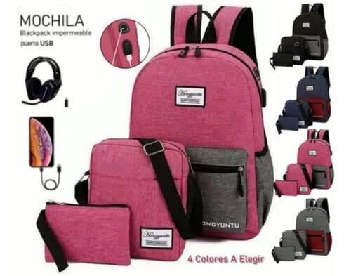 Mochila Impermeable con Puerto USB 3 pz Rosa