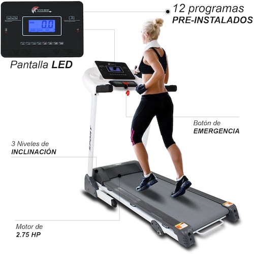 Caminadora Electrica Plegable 2 HP  Walk Pantalla 5" LCD 110Kg Inclinacion 12 Programas Centurfit 14.8 km/h Blanca
