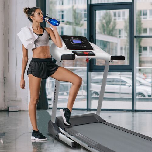 Caminadora Electrica Plegable 2 HP  Walk Pantalla 5" LCD 110Kg Inclinacion 12 Programas Centurfit 14.8 km/h Blanca