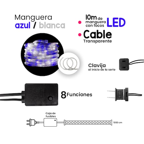 Manguera Decorativa Luz Led Mixta Azul/Blanco Uso Exterior/Interior Cable Recubierto Gel 10 m