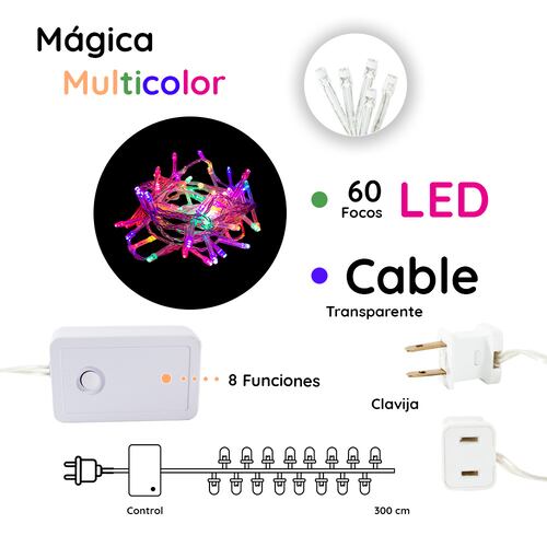Tira Decorativa 60 Focos Luz Led Multicolor 8 Funciones Cable Transparente 3 m